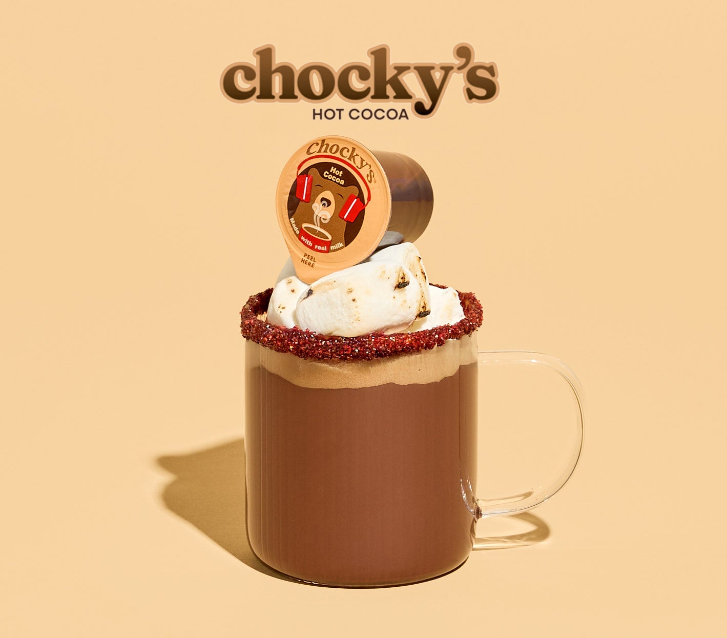 Chocky's Hot Cocoa pod atop a cup of hot cocoa with marshmallows