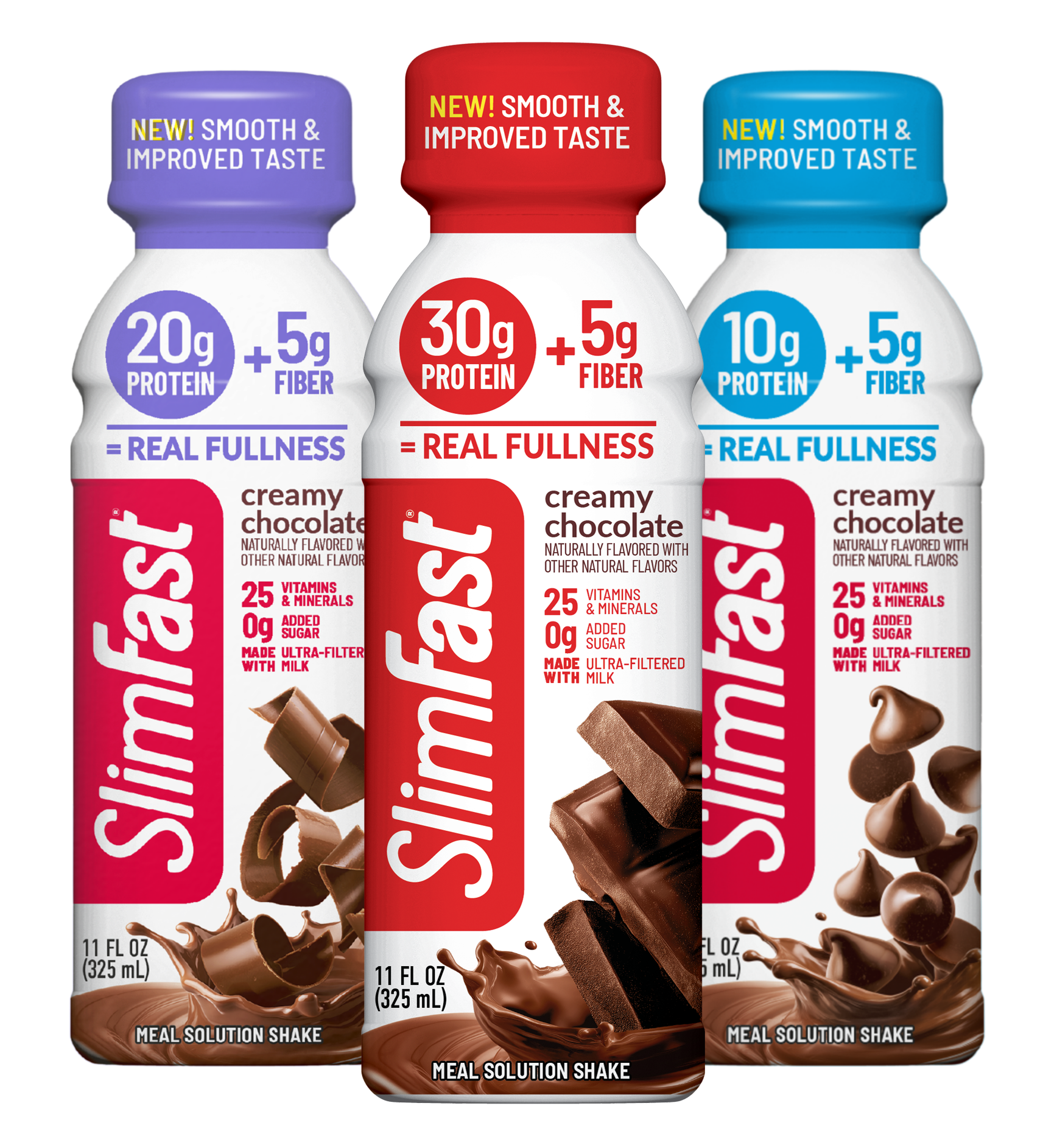 Three bottles of slimfast with protein and fiber