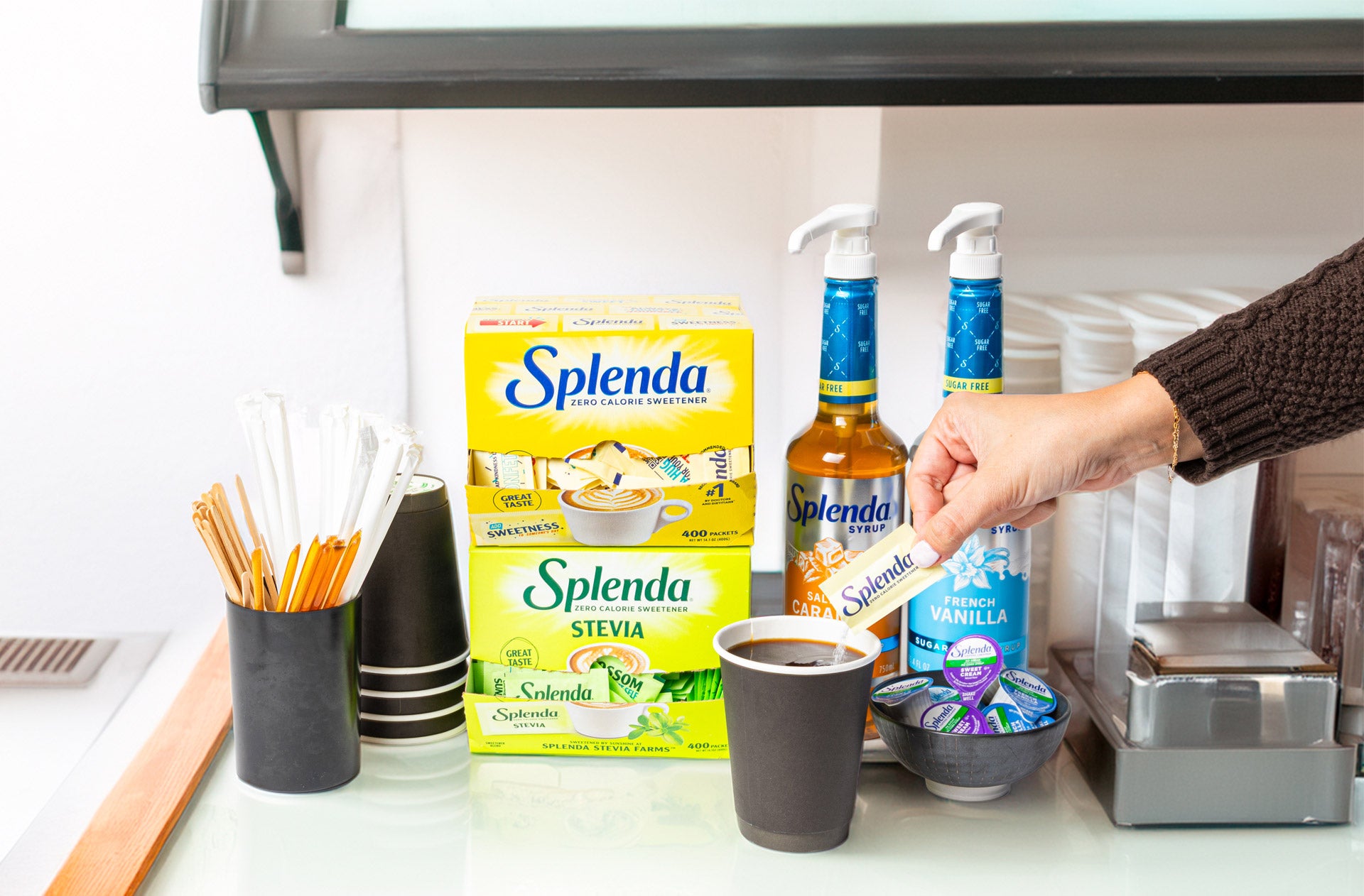 a complete coffee program with Splenda® portion‑control packets, coffee syrups, and convenient creamer cups