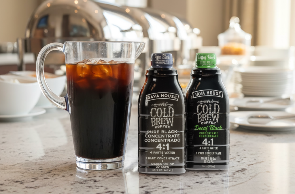 a pitcher and bottles of Java House ready to drink cold brew coffee
